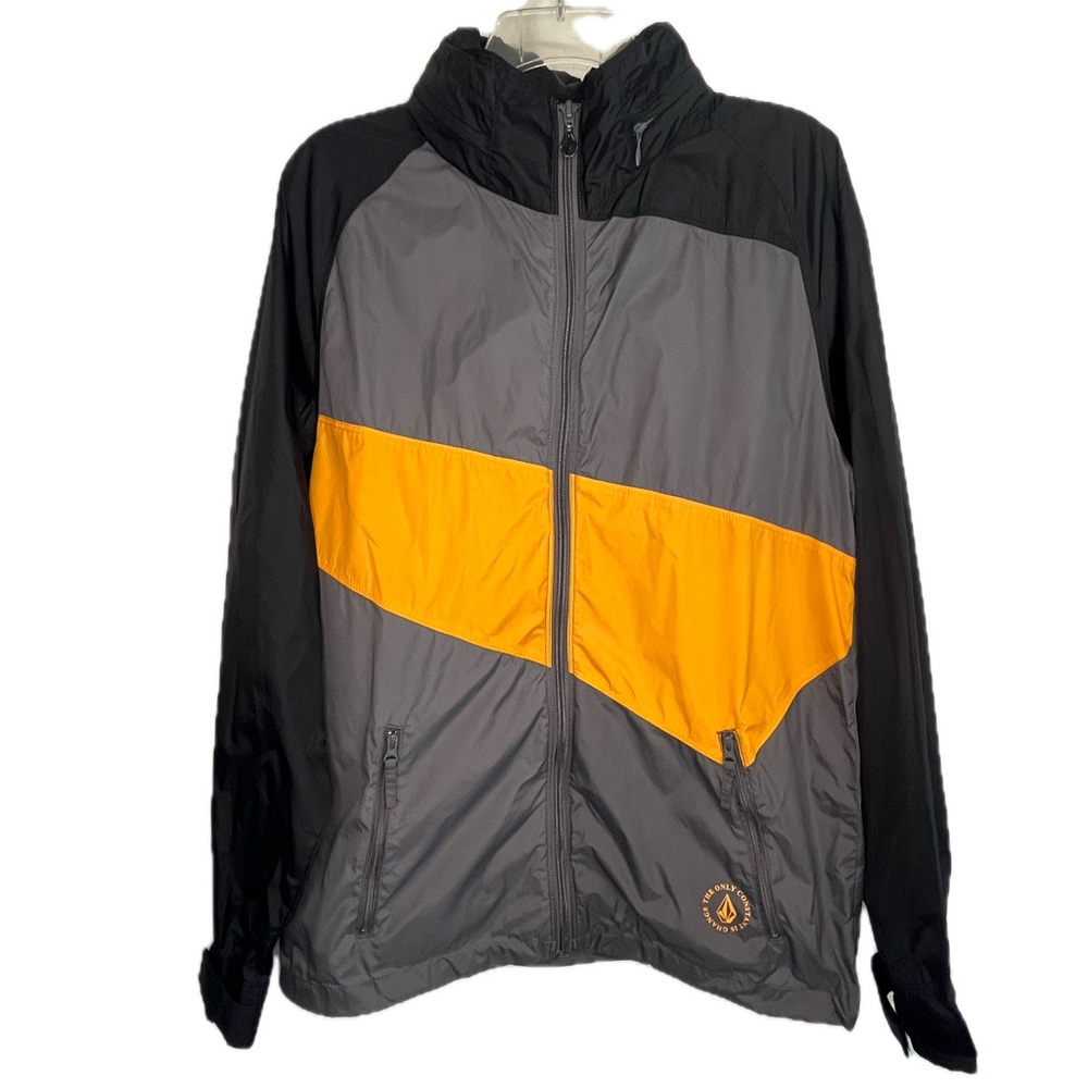 VOLCOM Men's Full Zip Hooded Windbreaker Gray/Black/Orange Small